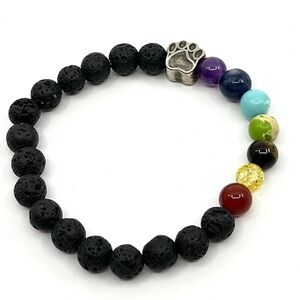 Vintage‎ 7 Chakra Lava Rock Beaded Stretch Bracelet Silver Dog Paw Charm Unisex